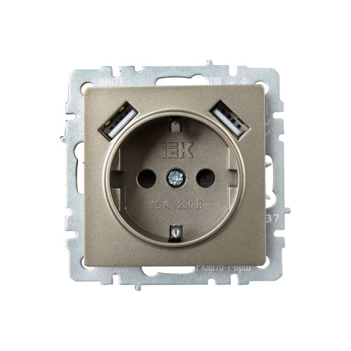 BRITE Розетка 1-местная с заземлением с защитными шторками 16А с USB A+A 5В 2,1А РЮш10-1-БрШ шампань IEK
