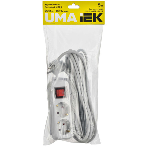 UMA Удлинитель У02К 2 места 2P+PE 5м 3х1мм2 10А белый IEK