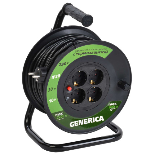 Катушка УК30 с термозащитой 4 места 2P+PE/30м 3х1,0мм2 GENERICA