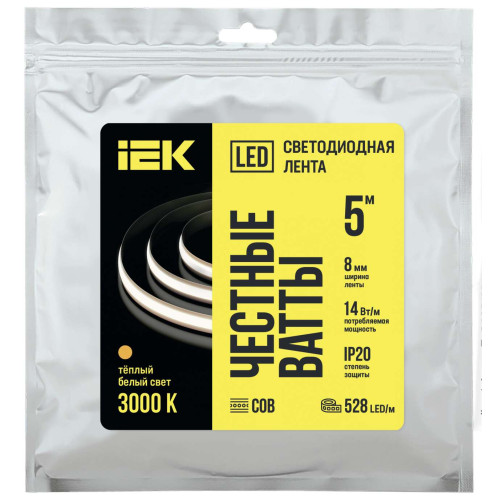 Лента светодиодная 5м COB 528LED/м freecut свободная резка 14Вт/м IP20 ширина 8мм 24В теплый белый IEK