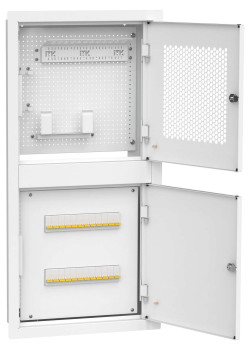 ITK LINEA R Шкаф встраиваемый двухсекционный 3 комнаты 400х850мм дверь металлическая белый (в комплекте 12 модулей keystone 2 розетки 7 патч-кордов (02м) 1 делитель ТВ сигнала (1 вход 4 выхода) 1 телефонный разветвитель)