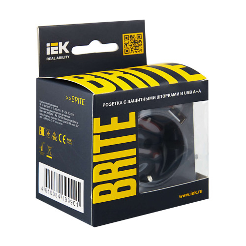 BRITE Розетка 1-местная с заземлением с защитными шторками 16А с USB A+A 5В 3,1А РЮш10-2-БрМ маренго IEK