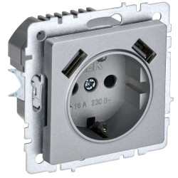 BRITE Розетка 1-местная с заземлением с защитными шторками 16А с USB A+A 5В 3,1А РЮш10-2-БрА алюминий IEK