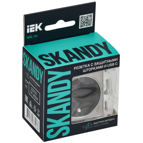 SKANDY Розетка с заземлением с защитными шторками 16А с USB C 18Вт SK-R17N металл никель IEK