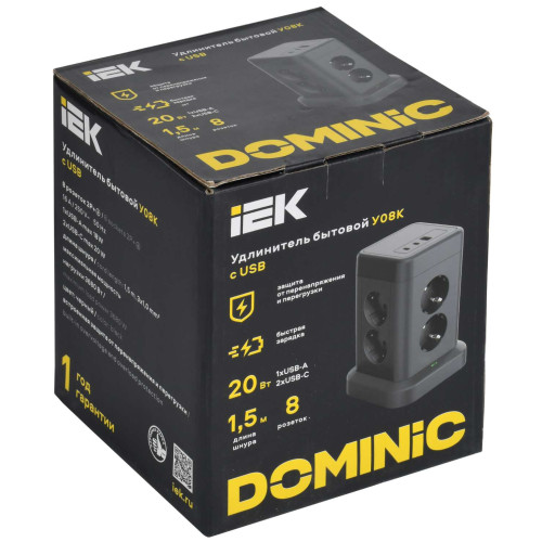 DOMINIC Удлинитель У08K 8 мест 2P+PE 1,5м 3х1,0мм2 16А/250В USB A+C 20Вт черный IEK DOMINIC Удлинитель У08K 8 мест 2P+PE 1,5м 3х1,0мм2 16А/250В USB A+C 20Вт черный IEK