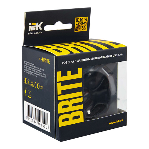 BRITE Розетка 1-местная с заземлением с защитными шторками 16А с USB A+A 5В 3,1А РЮш10-2-БрГ графит IEK