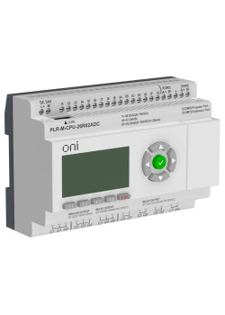 Микро ПЛК ONI. Расширяемая версия. Со встроенным экраном. 16 дискретных входов (4 как 0-20мА, 8 как 0-10В, 4 до 60кГц), 4 релейных выхода, 2 аналоговых выхода 0-20мА/0-10В. RTC. SD карта. 2хRS485. Ethernet. Напряжение питания 24В DC