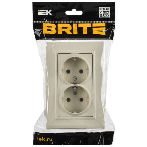 BRITE Розетка 2-местная с заземлением без защитных шторок плоская 16А в сборе РСПл12-3-БрКр бежевый IEK