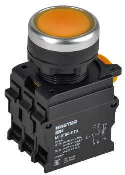 Кнопка с подсветкой и фиксацией d=22мм 1NO+1NC жёлтая MASTER IEK