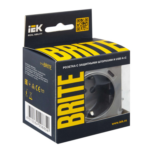 BRITE Розетка 1-местная с заземлением с защитными шторками 16А с USB A+C 18Вт РЮш11-1-БрС сталь IEK