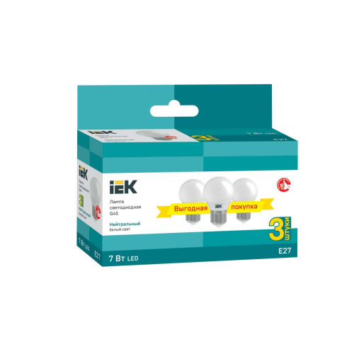 Лампа светодиодная G45 шар 7Вт 230В 4000К E27 (3шт/упак) IEK