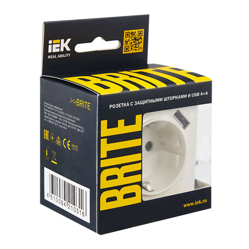 BRITE Розетка 1-местная с заземлением с защитными шторками 16А с USB A+A 5В 2,1А РЮш10-1-БрЖ жемчуг IEK