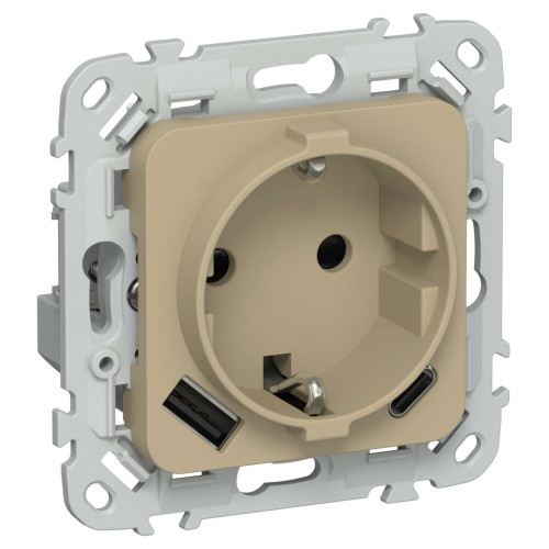 FLITE Розетка 1-местная с заземлением с защитными шторками 16А с USB A+C 20Вт безвинтовое крепление РСЮшс11-1-ФлХ хаки IEK