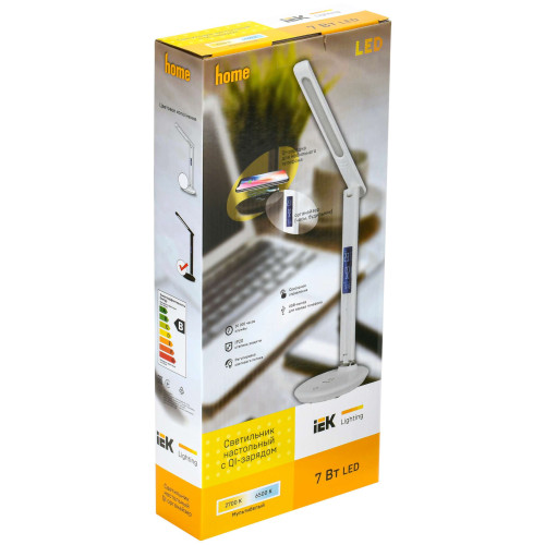Светильник светодиодный настольный 2011 7Вт на подставке QI-заряд USB-выход кожа черный IEK