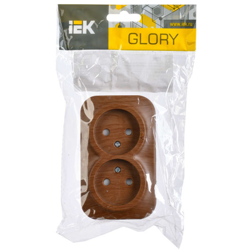 GLORY Розетка 2-местная для открытой установки без заземления с защитными шторками 10А РСш22-2-ХД дуб IEK