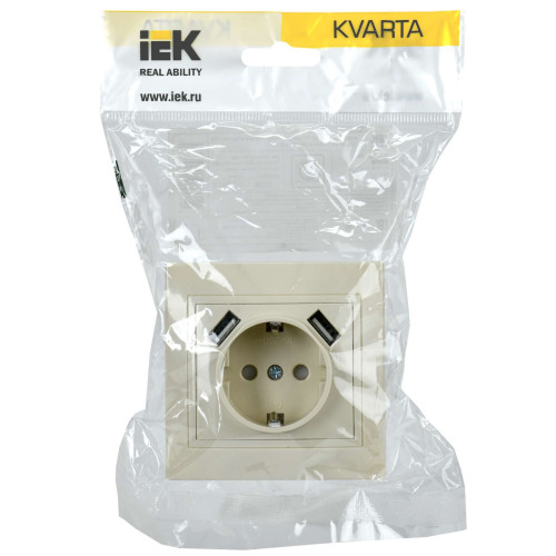 KVARTA Розетка с заземлением с защитными шторками 16А USBх2 2,1А РЮш10-1-ККм кремовый IEK