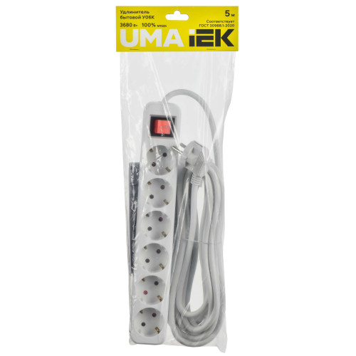 UMA Удлинитель У06К 6 мест 2P+PE 5м 3х1,5мм2 16А белый IEK