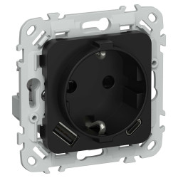 FLITE Розетка 1-местная с заземлением с защитными шторками 16А с USB A+C 20Вт РСЮшс11-0-ФлЧ черный IEK