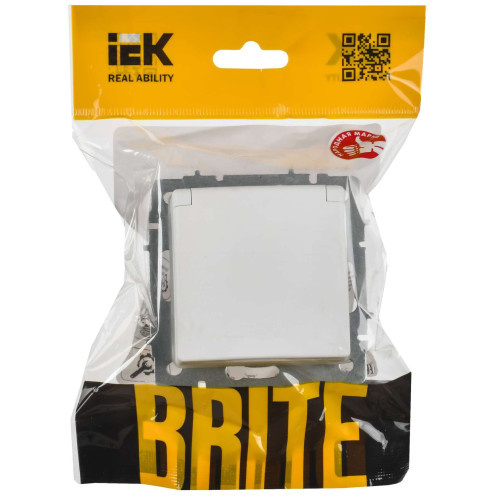 BRITE Розетка 1-местная с заземлением с защитными шторками и крышкой 16А IP44 РСбш10-3-44-БрАБ арктический белый IEK
