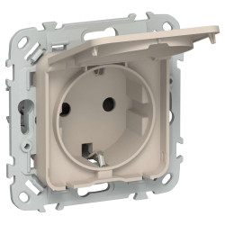 FLITE Розетка с заземлением с защитными шторками и крышкой безвинтовое крепление 16А IP44 РСшкр11-1-44-ФлЛ льняной IEK