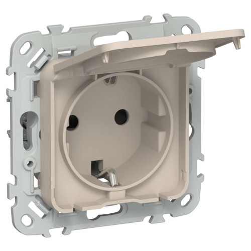 FLITE Розетка с заземлением с защитными шторками и крышкой безвинтовое крепление 16А IP44 РСшкр11-1-44-ФлЛ льняной IEK