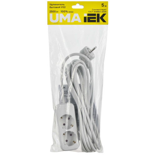 UMA Удлинитель У02 2 места 2P+PE 5м 3х1мм2 10А белый IEK
