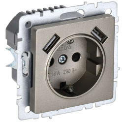 BRITE Розетка 1-местная с заземлением с защитными шторками 16А с USB A+A 5В 3,1А РЮш10-2-БрШ шампань IEK
