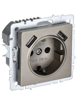 BRITE Розетка 1-местная с заземлением с защитными шторками 16А с USB A+A 5В 2,1А РЮш10-1-БрШ шампань IEK