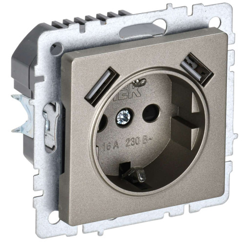 BRITE Розетка 1-местная с заземлением с защитными шторками 16А с USB A+A 5В 3,1А РЮш10-2-БрШ шампань IEK