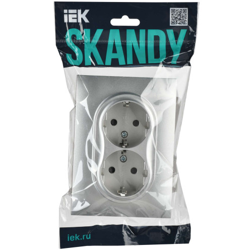 SKANDY Розетка 2-местная с заземлением с защитными шторками 16А в сборе SK-R07S серебряный IEK