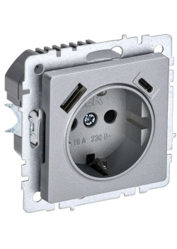 BRITE Розетка 1-местная с заземлением с защитными шторками 16А с USB A+C 18Вт РЮш11-1-БрА алюминий IEK