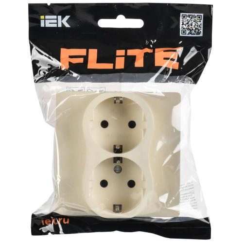 FLITE Розетка 2-местная с заземлением без защитных шторок безвинтовое крепление 16А РС12-1-А-ФлСл сливочный IEK