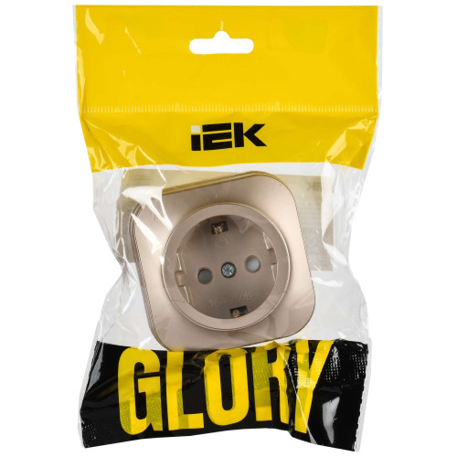 GLORY Розетка 1-местная для открытой установки с заземлением с защитными шторками 16А РСш20-3-ХШм шампань матовый IEK