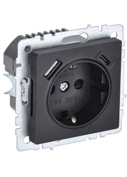 BRITE Розетка 1-местная с заземлением с защитными шторками 16А с USB A+C 18Вт РЮш11-1-БрЧ черный IEK