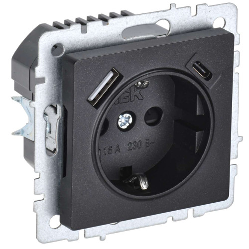 BRITE Розетка 1-местная с заземлением с защитными шторками 16А с USB A+C 18Вт РЮш11-1-БрЧ черный IEK