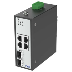 Коммутатор Ethernet промышленный неуправляемый ISU 2 SFP слота 100/1000BaseX 4 порта 10/100/1000BaseT разъем RJ45 с PoE 48В DC с резервированием ONI