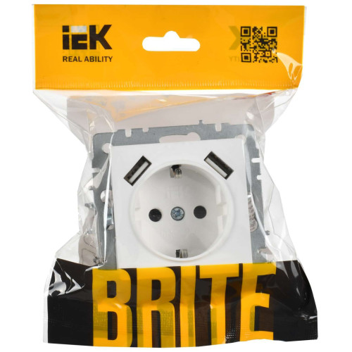 BRITE Розетка 1-местная с заземлением с защитными шторками 16А с USB A+A 5В 2,1А РЮш10-1-БрАБ арктический белый IEK