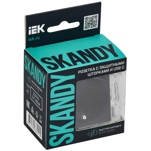 SKANDY Розетка с заземлением с защитными шторками 16А с USB C 18Вт SK-R17Bl черный IEK