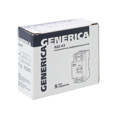 Выключатель дифференциальный (УЗО) ВД1-63 2Р 25А 300мА GENERICA