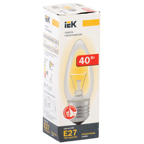 Лампа накаливания C35 свеча прозрачная 40Вт E27 IEK