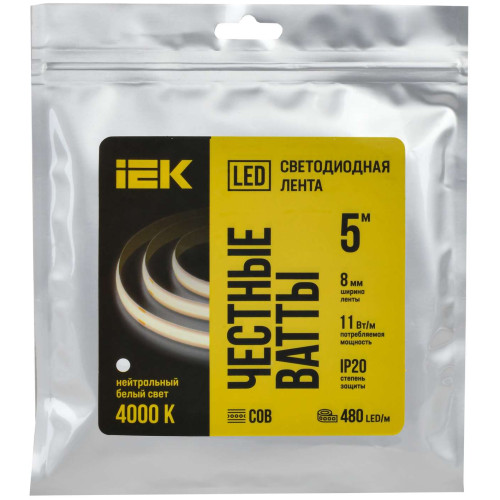 Лента светодиодная 5м COB 312LED/м 8Вт/м IP20 ширина 8мм 24В нейтральный белый IEK