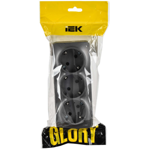 GLORY Розетка 3-местная для открытой установки с заземлением без защитных шторок 16А РС23-3-ХСм сталь матовый IEK