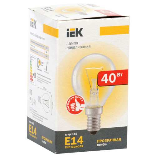 Лампа накаливания G45 шар прозрачная 40Вт E14 IEK