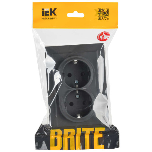 BRITE Розетка 2-местная с заземлением с защитными шторками 16А в сборе РСш12-3-БрГ графит IEK