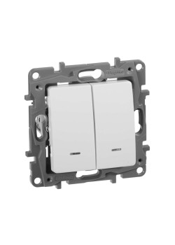 ETIKA Выключатель 2-клавишный с подсветкой/индикацией 10А безвинтовое крепление белый