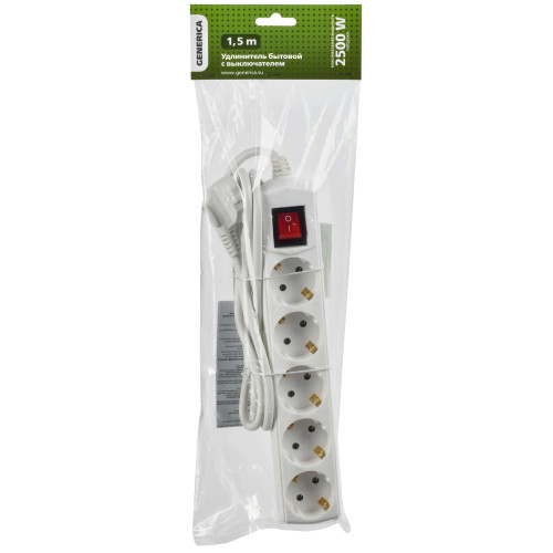 Удлинитель У05В 5 мест с заземлением 1,5м 3х1мм2 10А/250В GENERICA