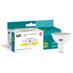 Лампа светодиодная MR16 софит 7Вт 230В 4000К GU5,3 (3шт/упак) IEK