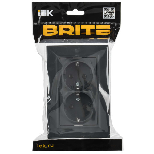 BRITE Розетка 2-местная с заземлением без защитных шторок плоская 16А в сборе РСПл12-3-БрГ графит IEK