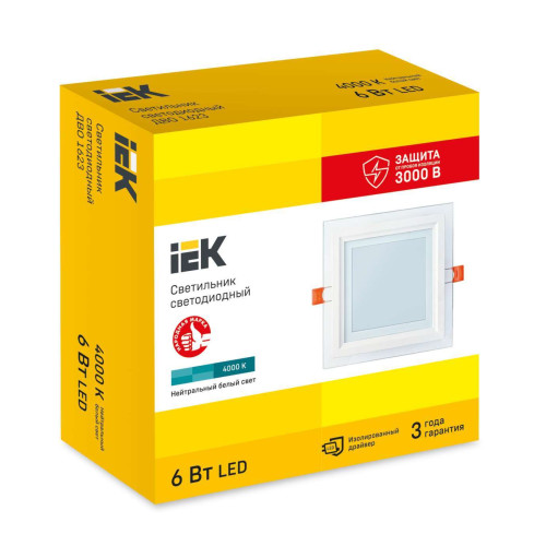 Светильник светодиодный ДВО 1623 со стеклом квадрат 6Вт 4000К IP20 IEK