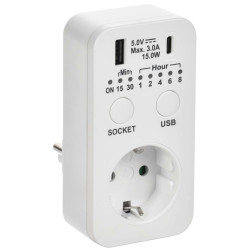 РТЭ-4 Розетка-таймер электронный с USB A+C 15мин-8ч 16А IP20 белая IEK